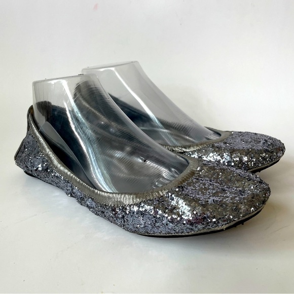 Tory Burch Eddie Pewter Silver Leather Glitter Minimal Ballet Flats Slip-ons 8.5 - Picture 1 of 12